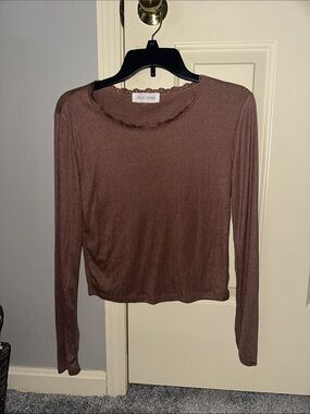 Pink Rose Brown Long Sleeve Ribbed Crew Top